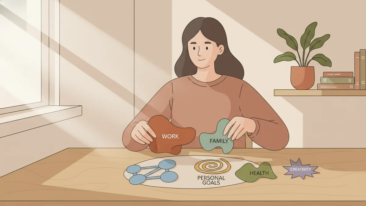 A person organizing abstract shapes representing life energies on a desk