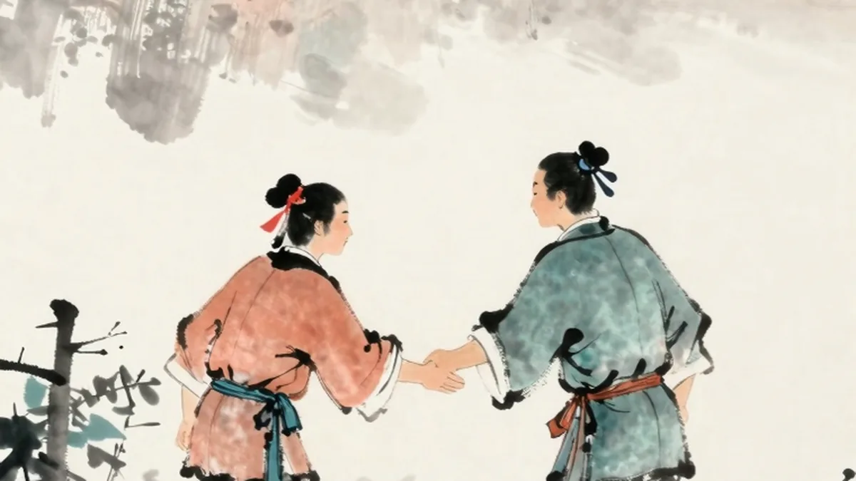 劫财象征竞争与合作的水墨画，两人互助登山