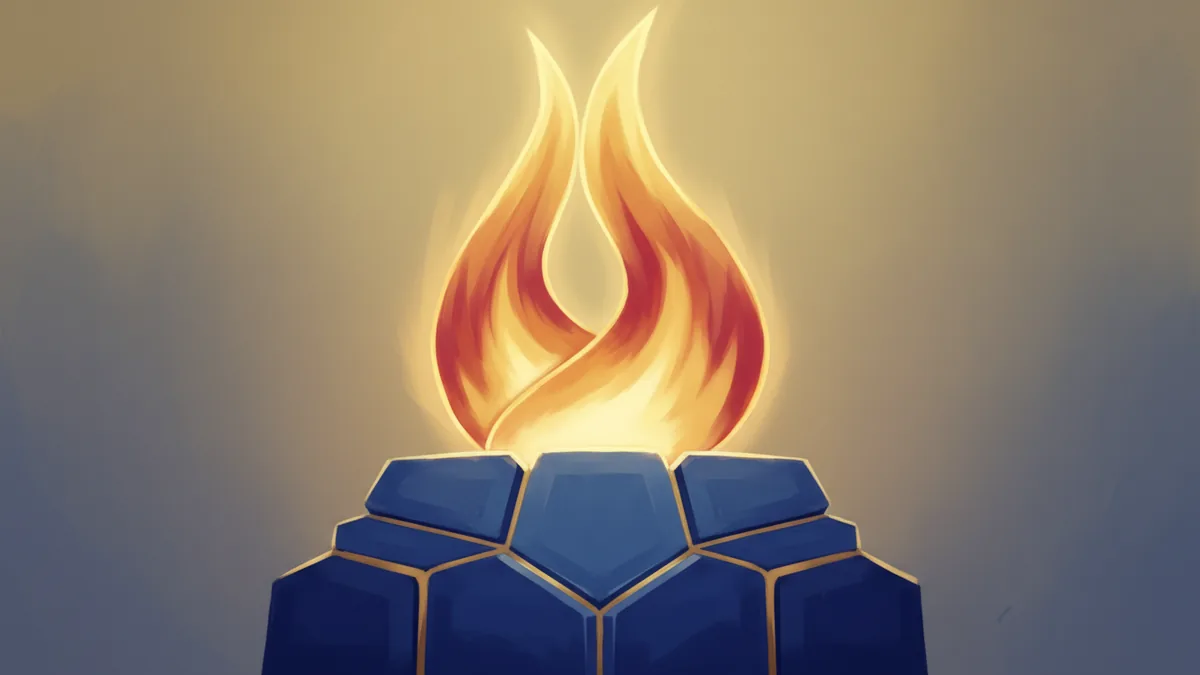 Abstract illustration of balanced flames over a foundation representing passion and security in marriage.