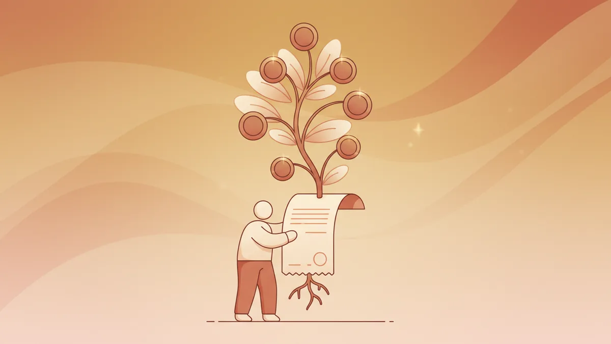 Illustration of a paycheck transforming into a growing plant with coin leaves, representing financial growth from income to assets.