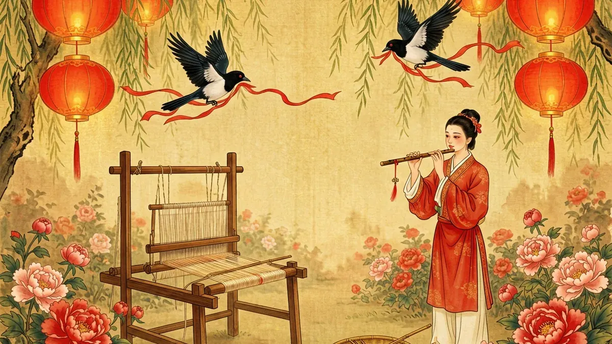 七夕传统节日元素：灯笼喜鹊