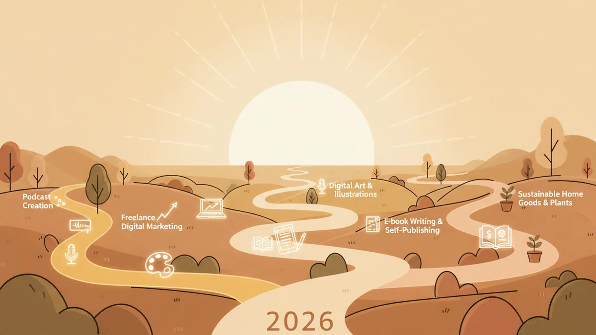 Illustration of five winding paths representing side hustle opportunities for 2026