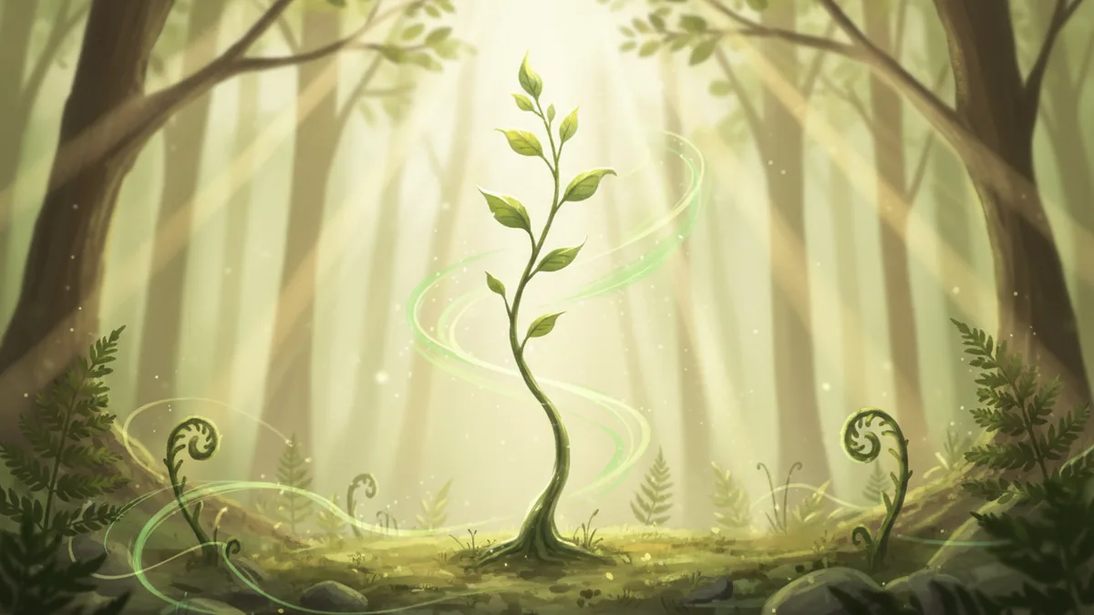 A young sapling growing in soft sunlight, representing Wood energy and growth.